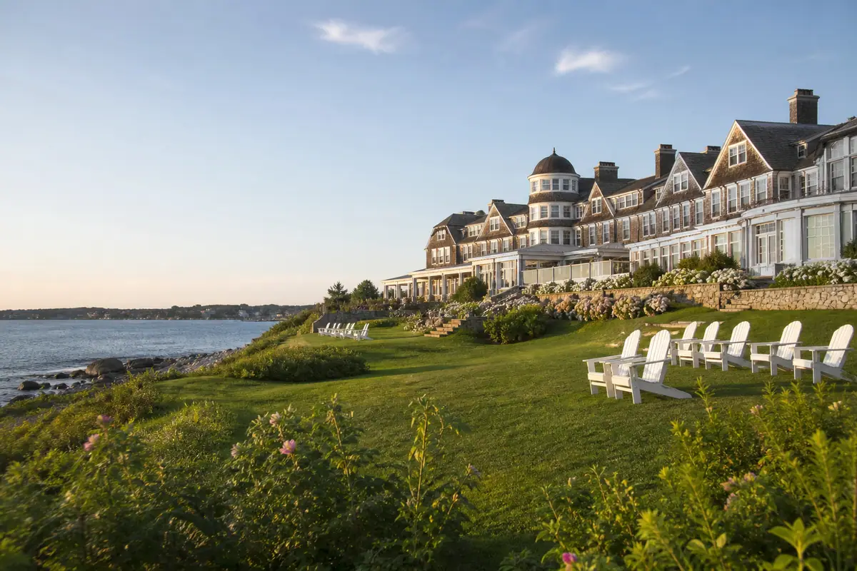 Photoreal travel-editorial view of Castle Hill Inn in Newport, Rhode Island