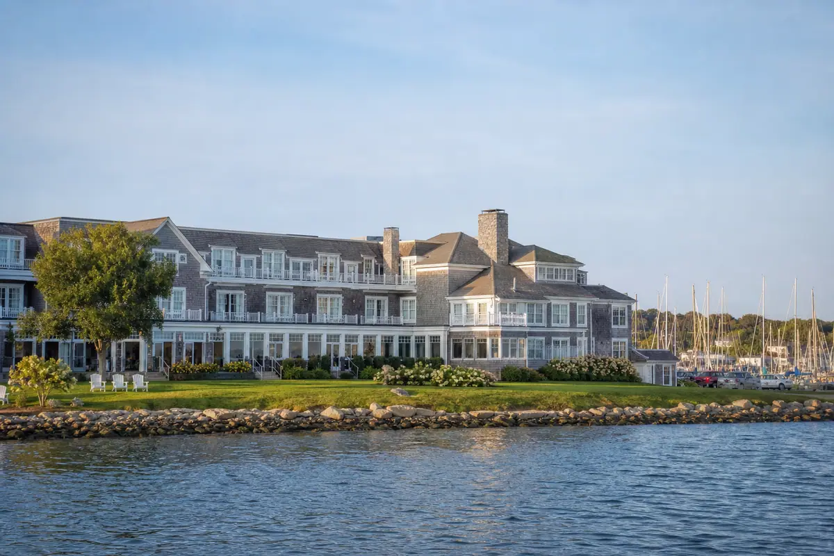Photoreal travel-editorial view of Newport Harbor Island Resort in Newport, Rhode Island