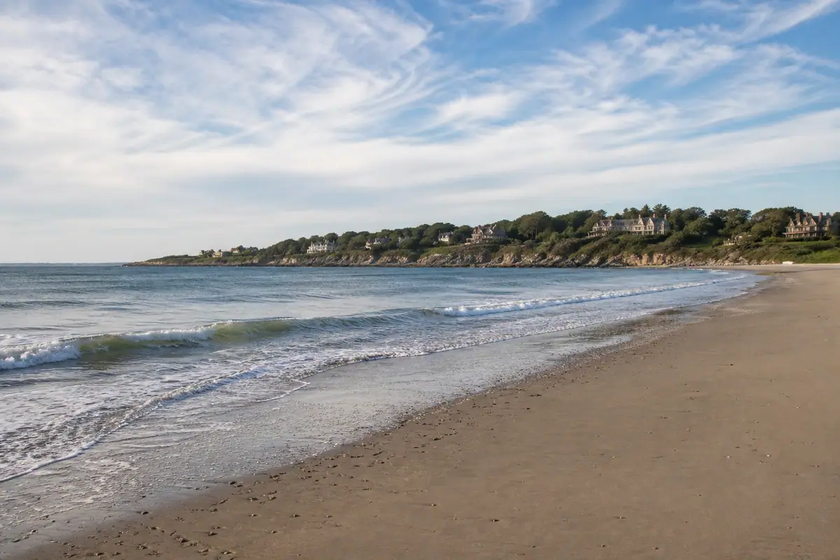 Photoreal travel-editorial view of Easton’s Beach in Newport, Rhode Island