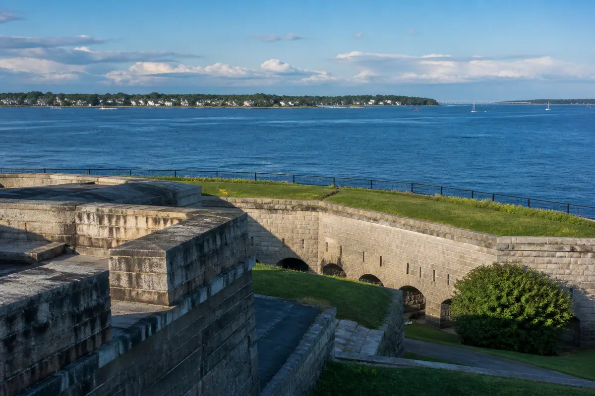 Photoreal travel-editorial view of Fort Adams State Park in Newport, Rhode Island