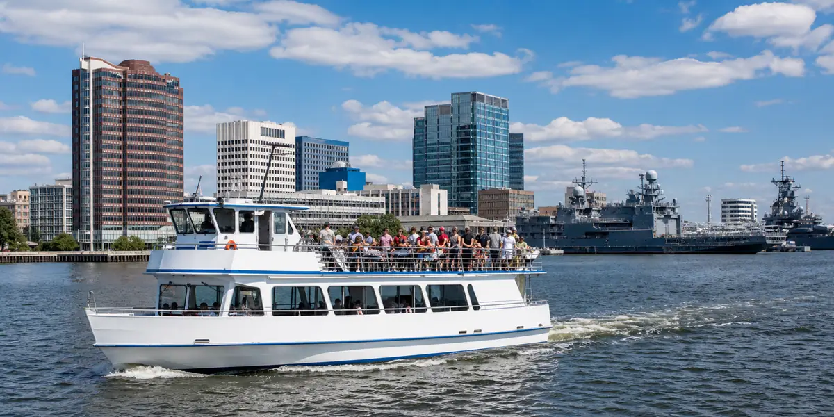 Photoreal sightseeing boat scene representing a Harbor Cruise in Norfolk