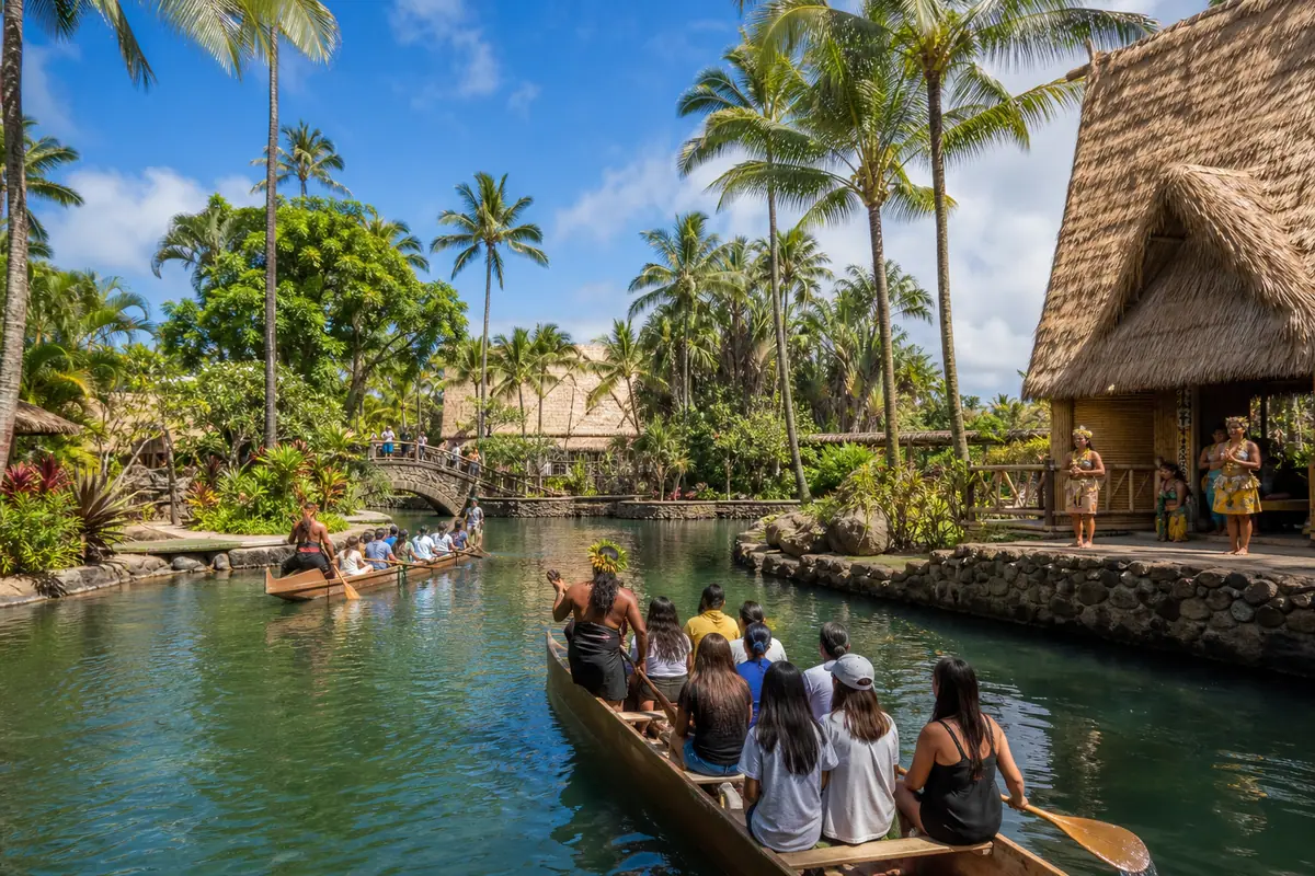 Photoreal Polynesian Cultural Center village scene on Oahu