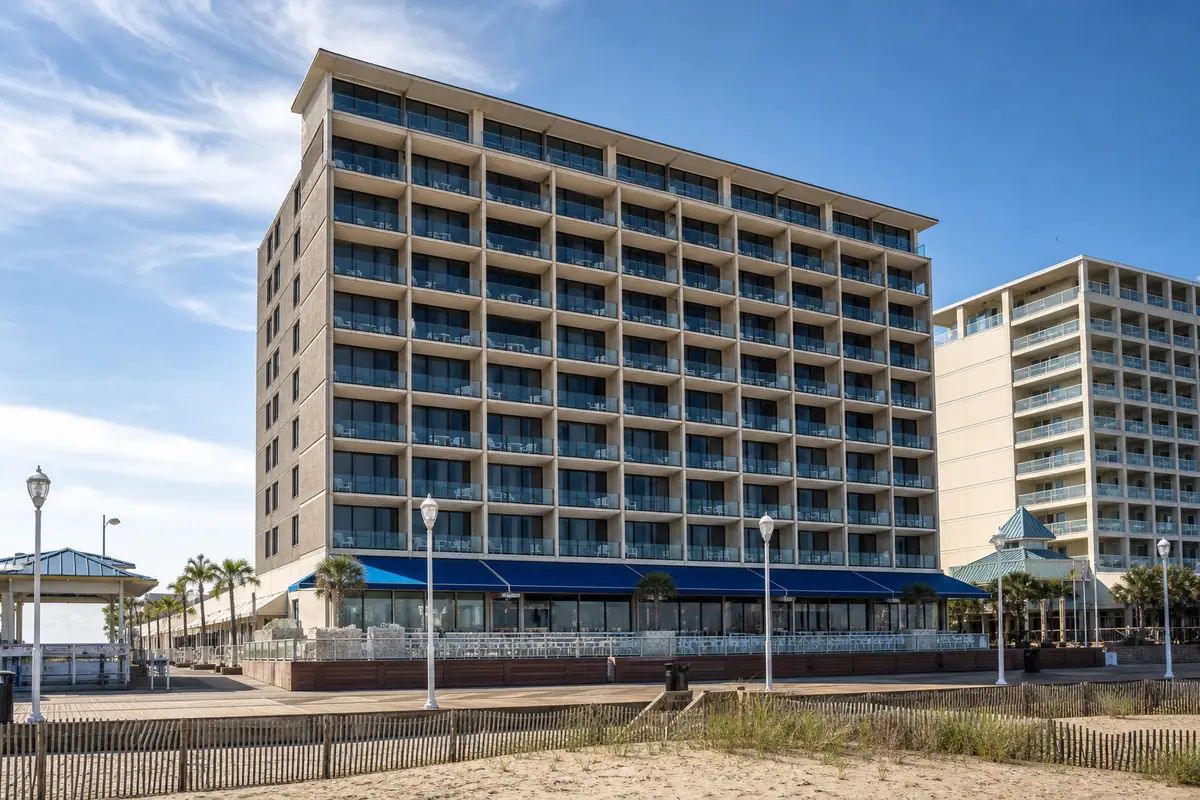 Photoreal exterior of Crystal Beach Hotel with A Ocean City beach-hotel look