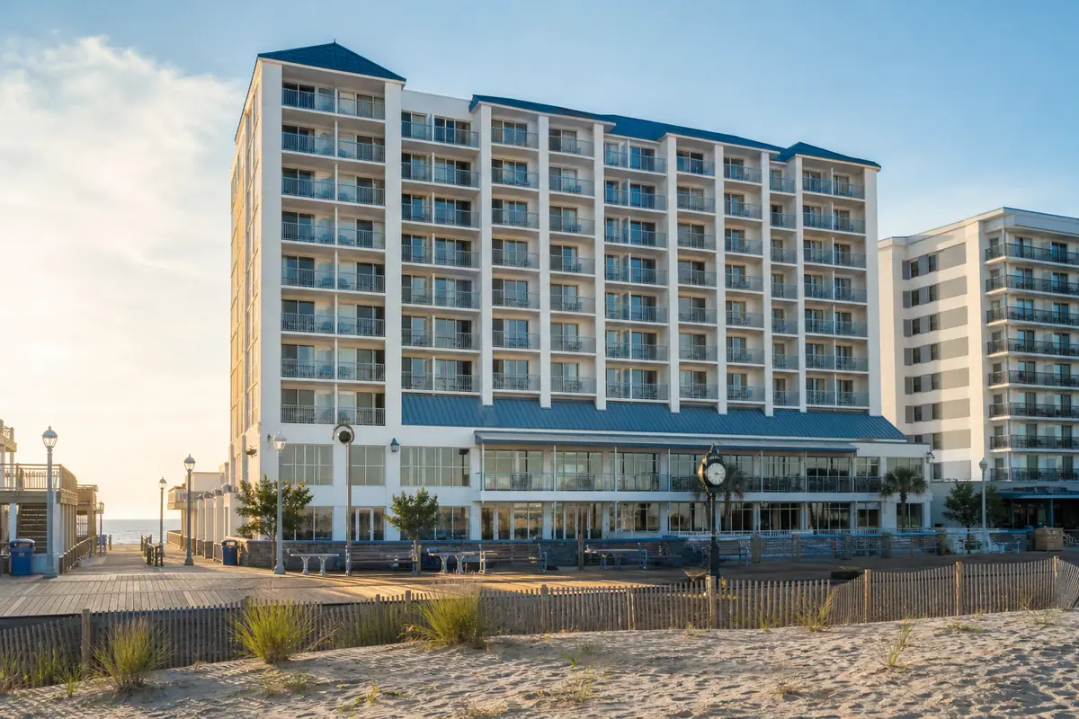 Photoreal exterior of Howard Johnson Plaza by Wyndham Ocean City Oceanfront on the boardwalk