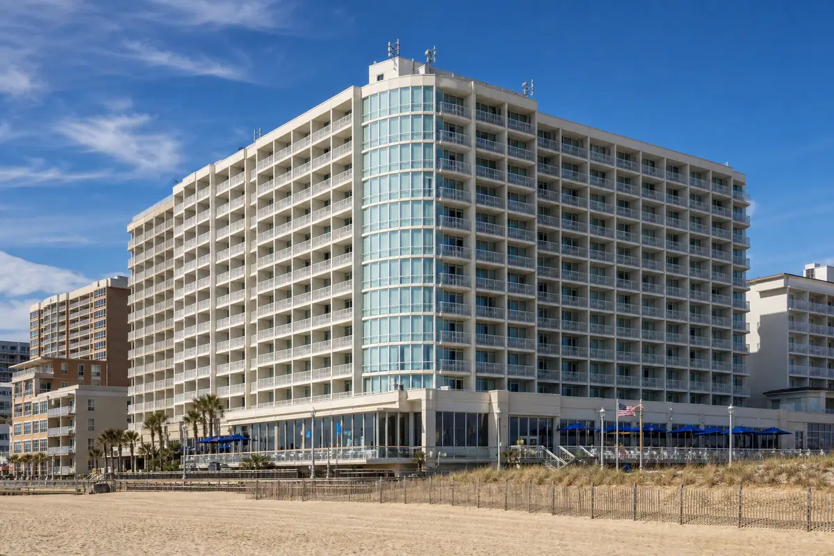Photoreal exterior of Princess Royale Oceanfront Resort along the Ocean City beach