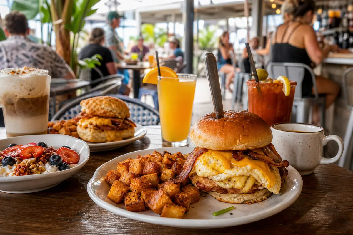 Photoreal casual brunch scene representing Bad Monkey OC in Ocean City