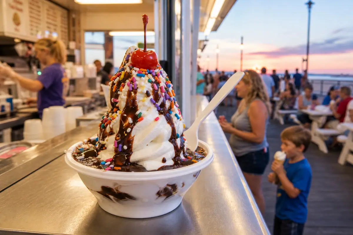 Photoreal ice cream dessert scene representing Dumser's Dairyland in Ocean City