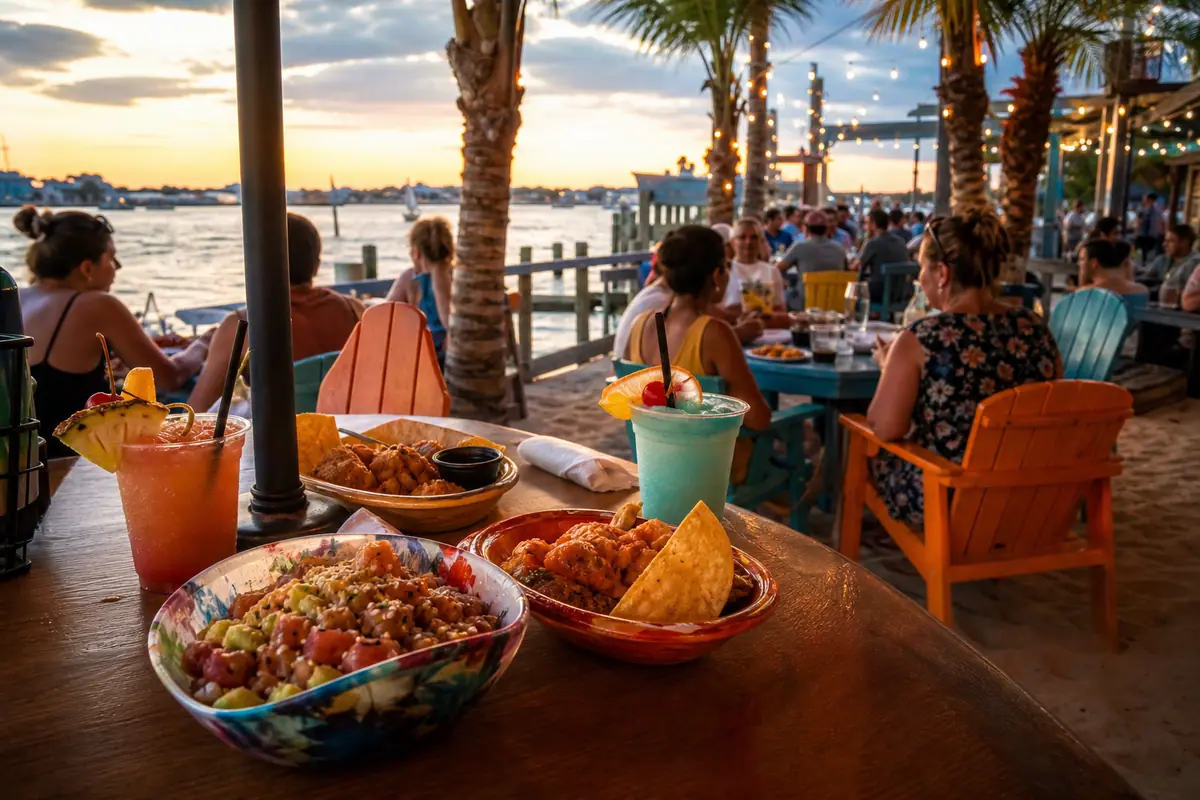 Photoreal waterfront drinks and seafood scene representing Seacrets in Ocean City