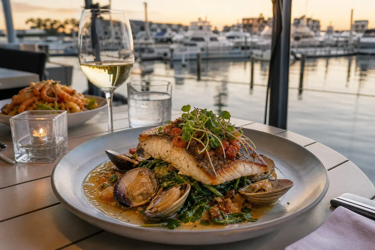 Photoreal harbor-view seafood dinner representing Shark on the Harbor in Ocean City