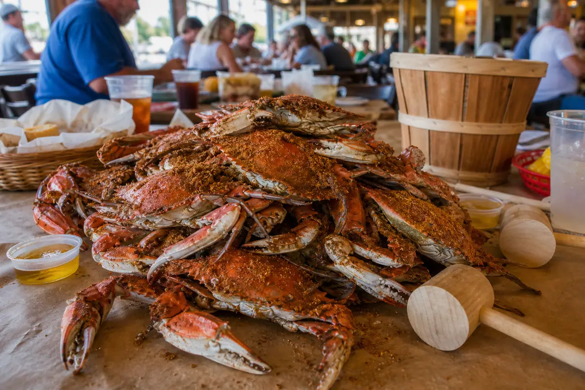 Photoreal Maryland blue crab feast representing The Crab Bag in Ocean City