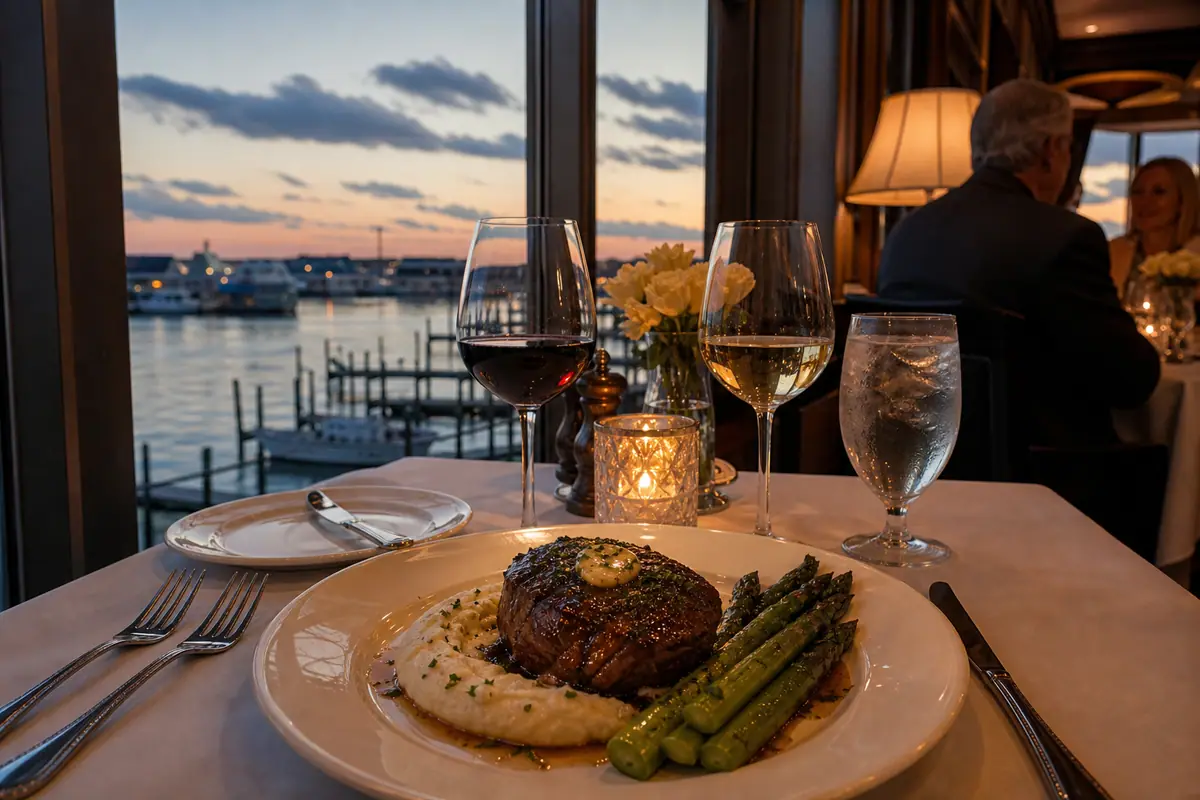 Photoreal romantic bay-view dinner scene representing The Hobbit Restaurant in Ocean City