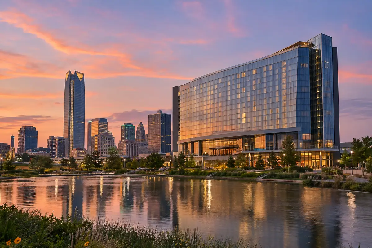 Photoreal travel-editorial view of Omni Oklahoma City Hotel in Oklahoma City, Oklahoma