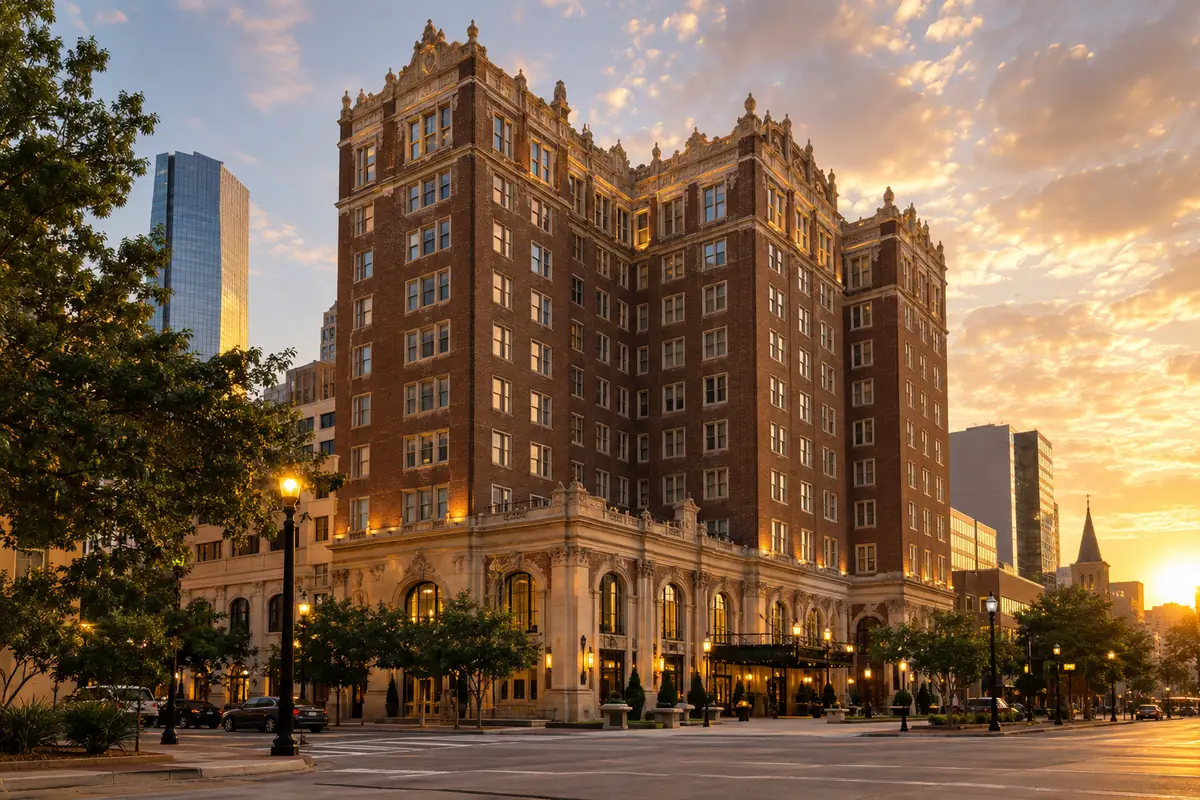 Photoreal travel-editorial view of The Skirvin Hilton Oklahoma City in Oklahoma City, Oklahoma