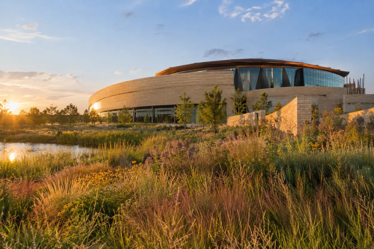 Photoreal travel-editorial view of First Americans Museum in Oklahoma City, Oklahoma