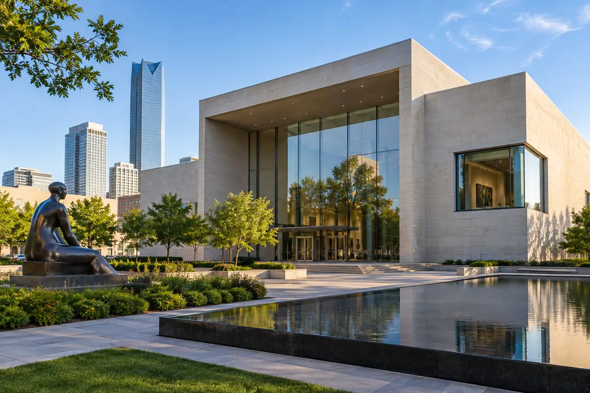 Photoreal travel-editorial view of Oklahoma City Museum of Art in Oklahoma City, Oklahoma