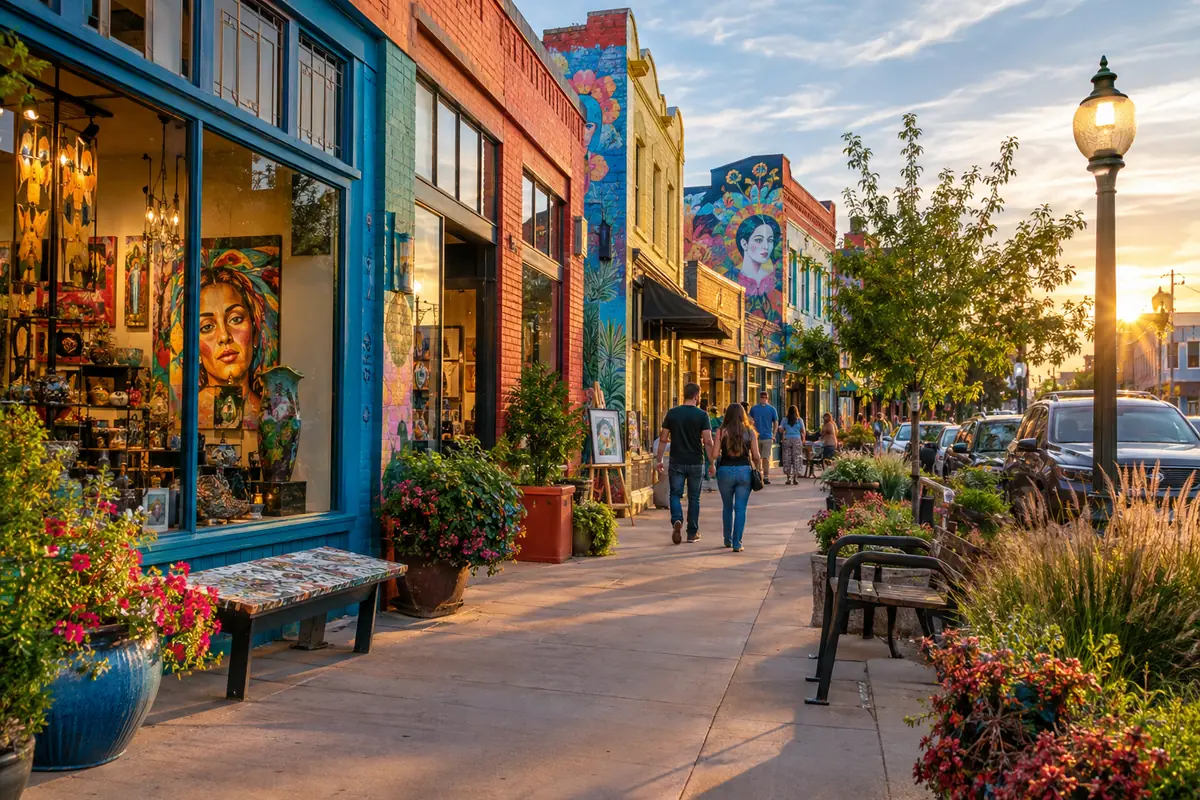 Photoreal travel-editorial view of Paseo Arts District in Oklahoma City, Oklahoma