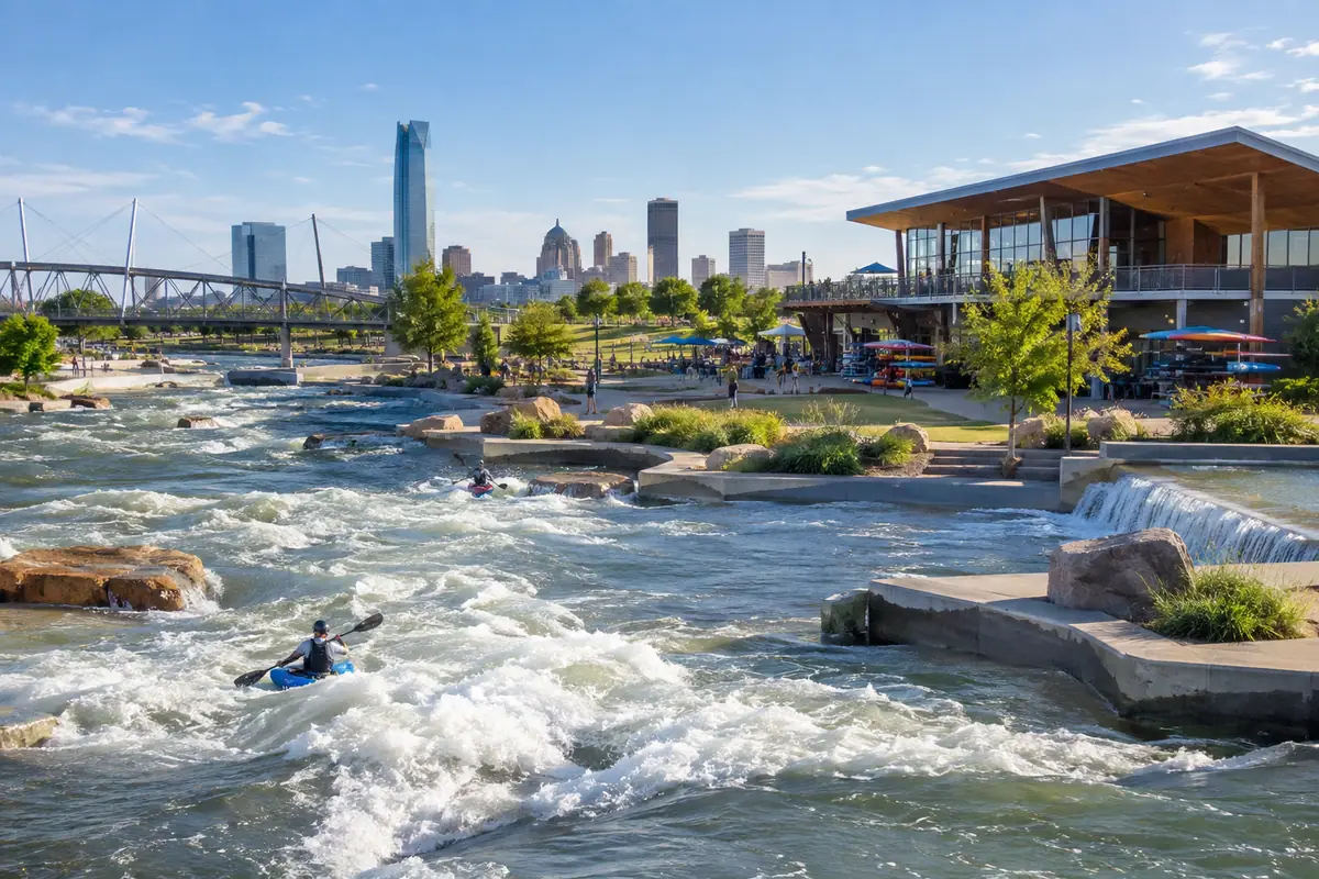 Photoreal travel-editorial view of Riversport Adventures in Oklahoma City, Oklahoma