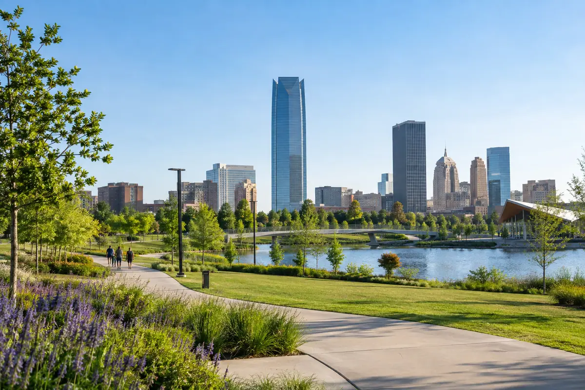 Photoreal travel-editorial view of Scissortail Park in Oklahoma City, Oklahoma