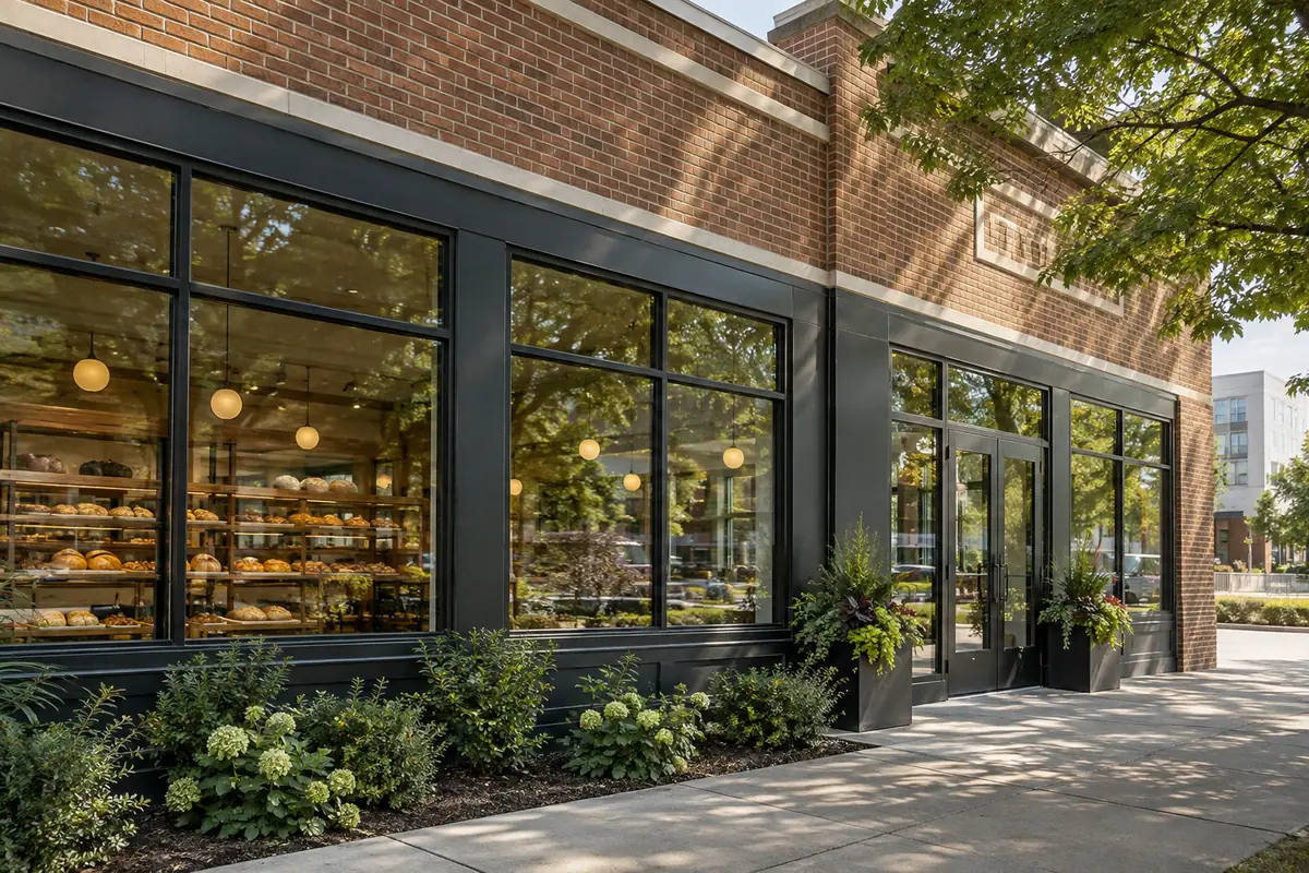 Photoreal travel-editorial view of Le Quartier Bakery in Omaha, Nebraska