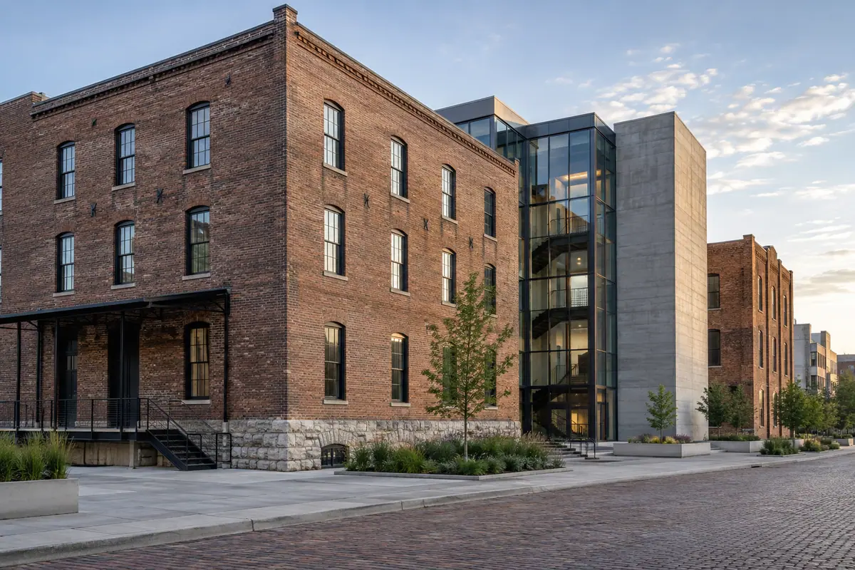 Photoreal travel-editorial view of Bemis Center for Contemporary Arts in Omaha, Nebraska