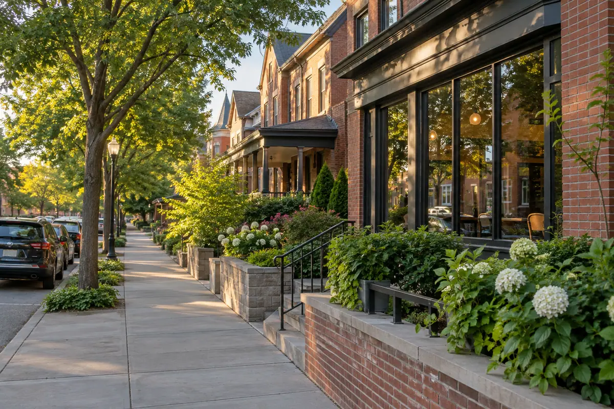 Photoreal travel-editorial view of Dundee Historic District in Omaha, Nebraska
