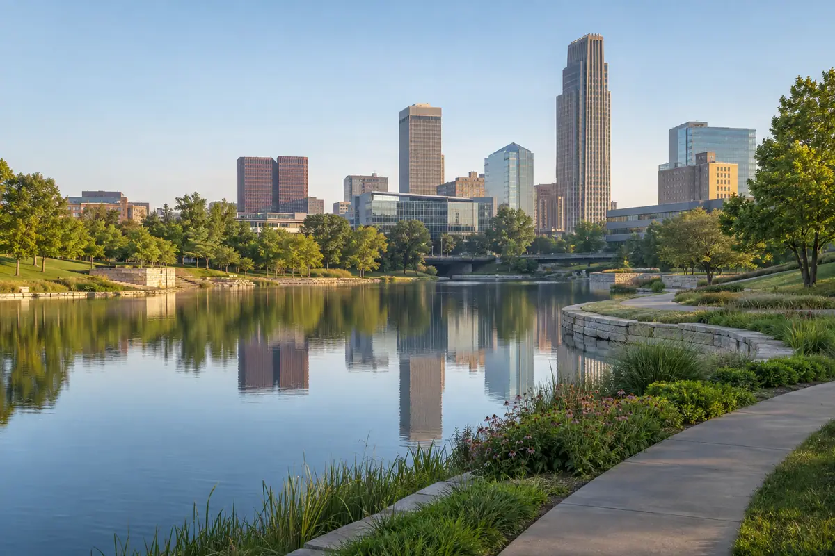 Photoreal travel-editorial view of Heartland of America Park in Omaha, Nebraska