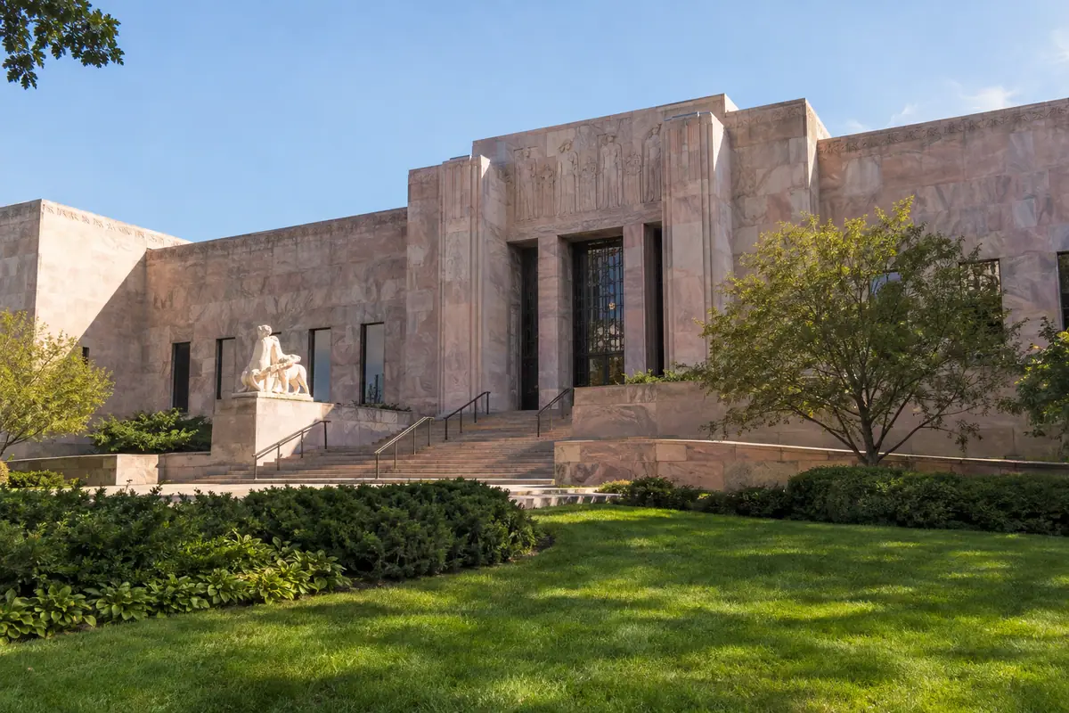 Photoreal travel-editorial view of Joslyn Art Museum in Omaha, Nebraska