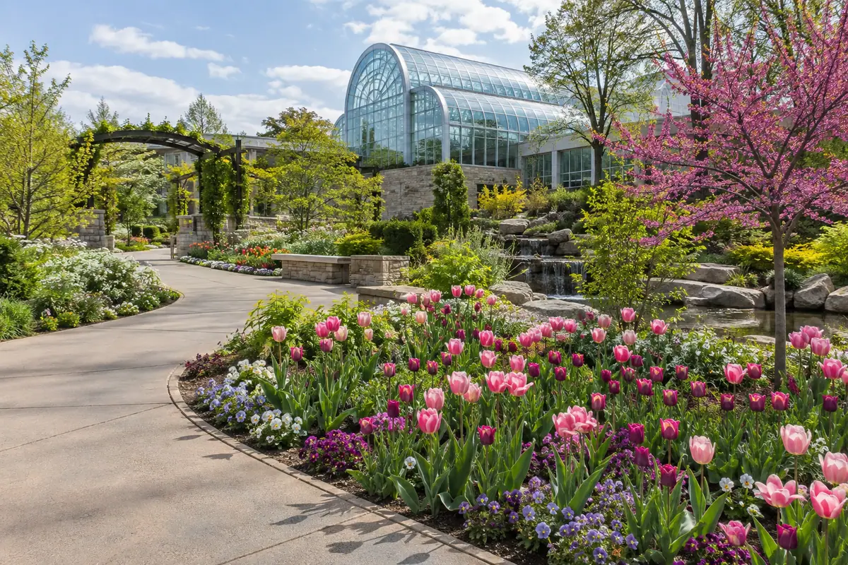 Photoreal travel-editorial view of Lauritzen Gardens in Omaha, Nebraska