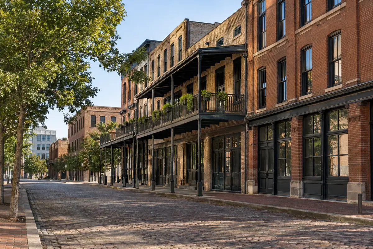 Photoreal travel-editorial view of Old Market Historic District in Omaha, Nebraska