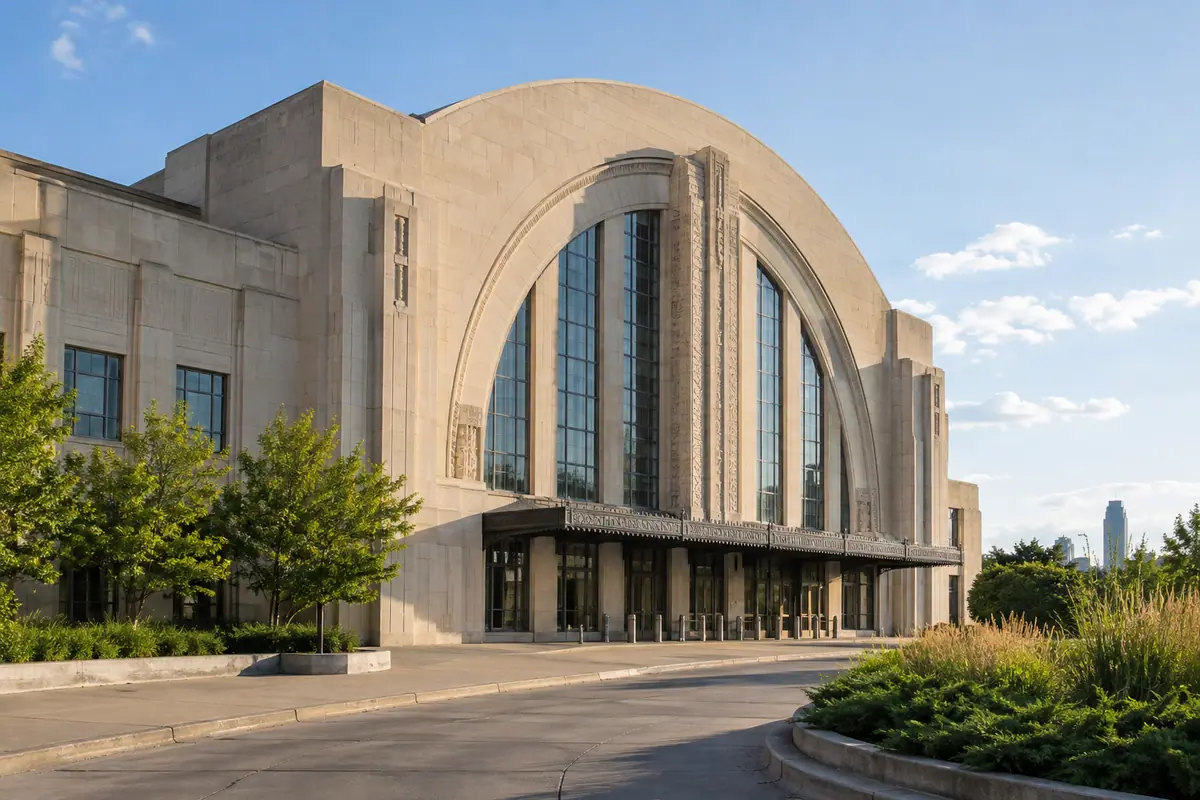 Photoreal travel-editorial view of The Durham Museum in Omaha, Nebraska