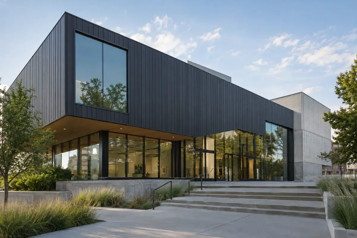 Photoreal travel-editorial view of The Union for Contemporary Art in Omaha, Nebraska