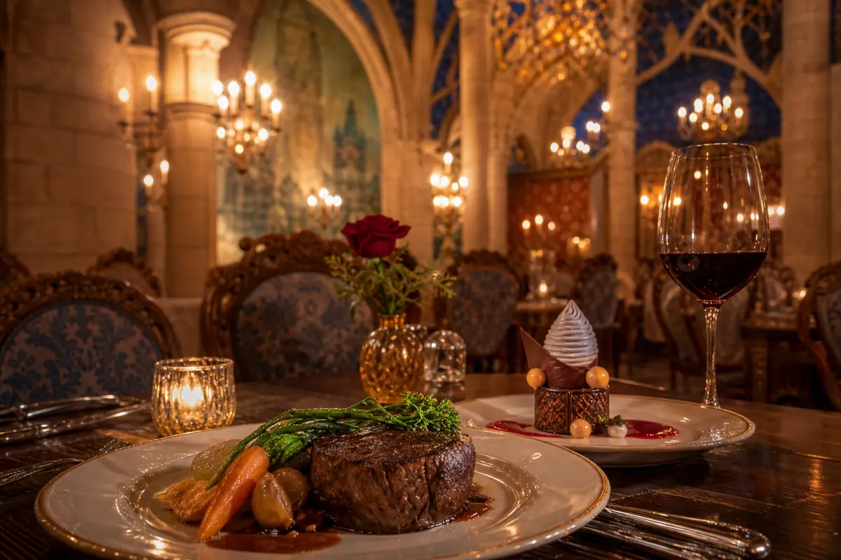Photoreal candlelit castle dining room representing Be Our Guest Restaurant at Magic Kingdom