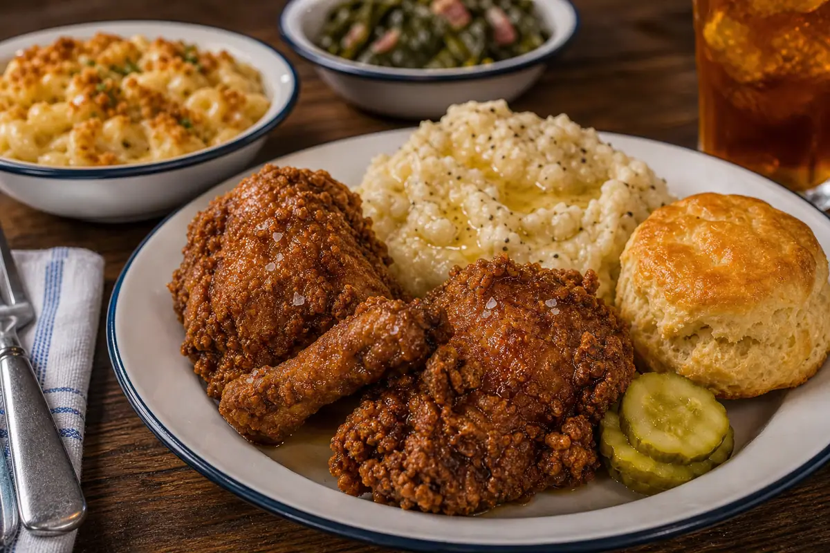 Photoreal Southern comfort-food plate representing Chef Art Smith's Homecomin'