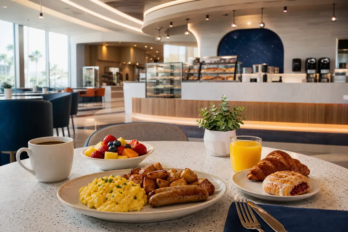 Photoreal breakfast spread inside Cosmos Cafe and Market at Universal Stella Nova Resort