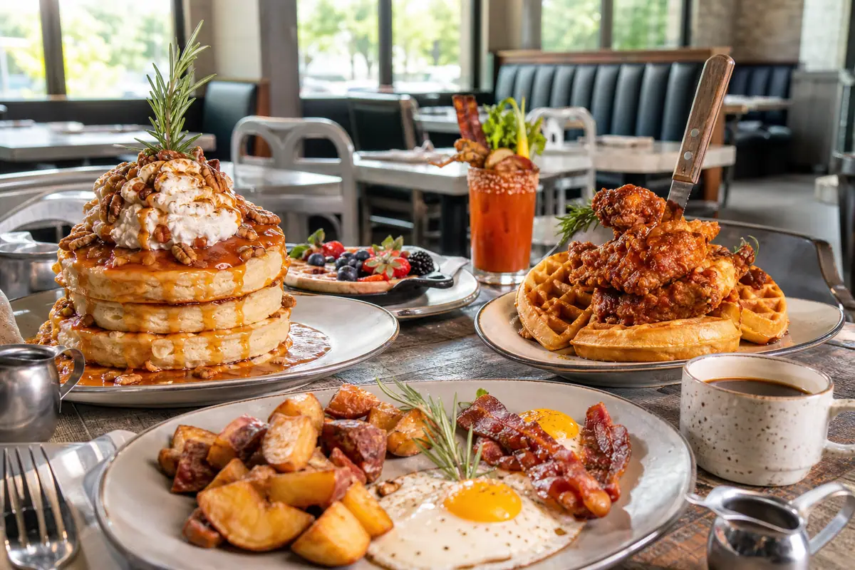 Photoreal oversized brunch spread representing Hash House A Go Go in Orlando