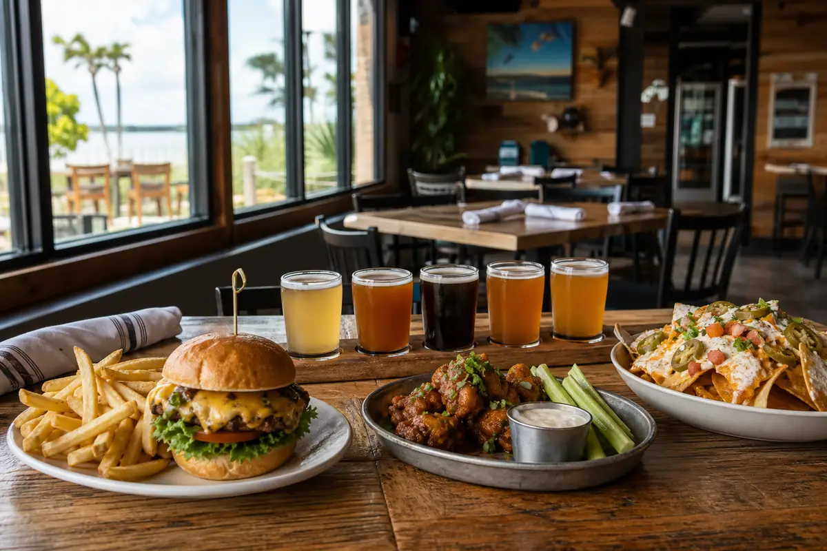 Photoreal burger, appetizers, and craft beer flight inside Playalinda Brewing Company