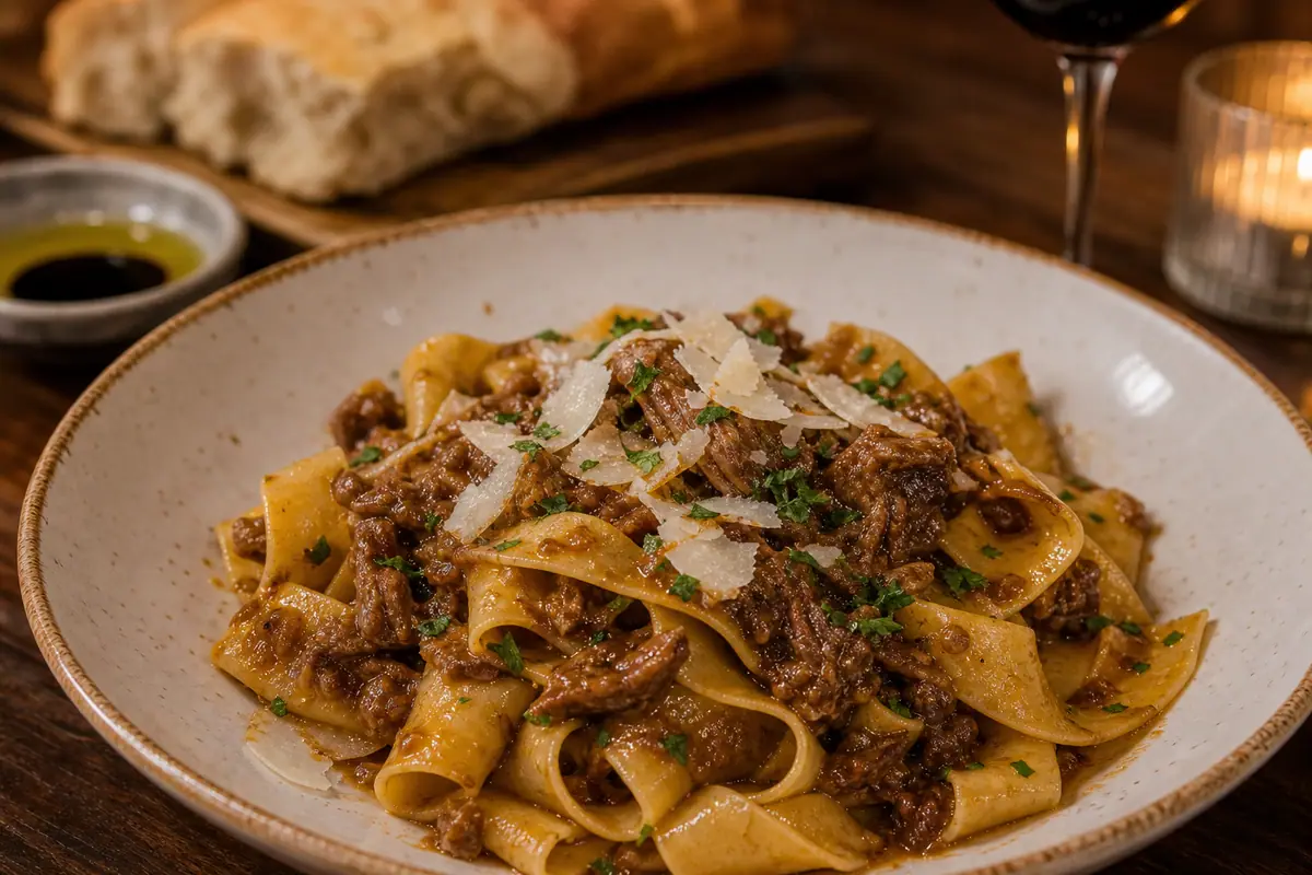 Photoreal refined Italian pasta and pizza spread representing Prato