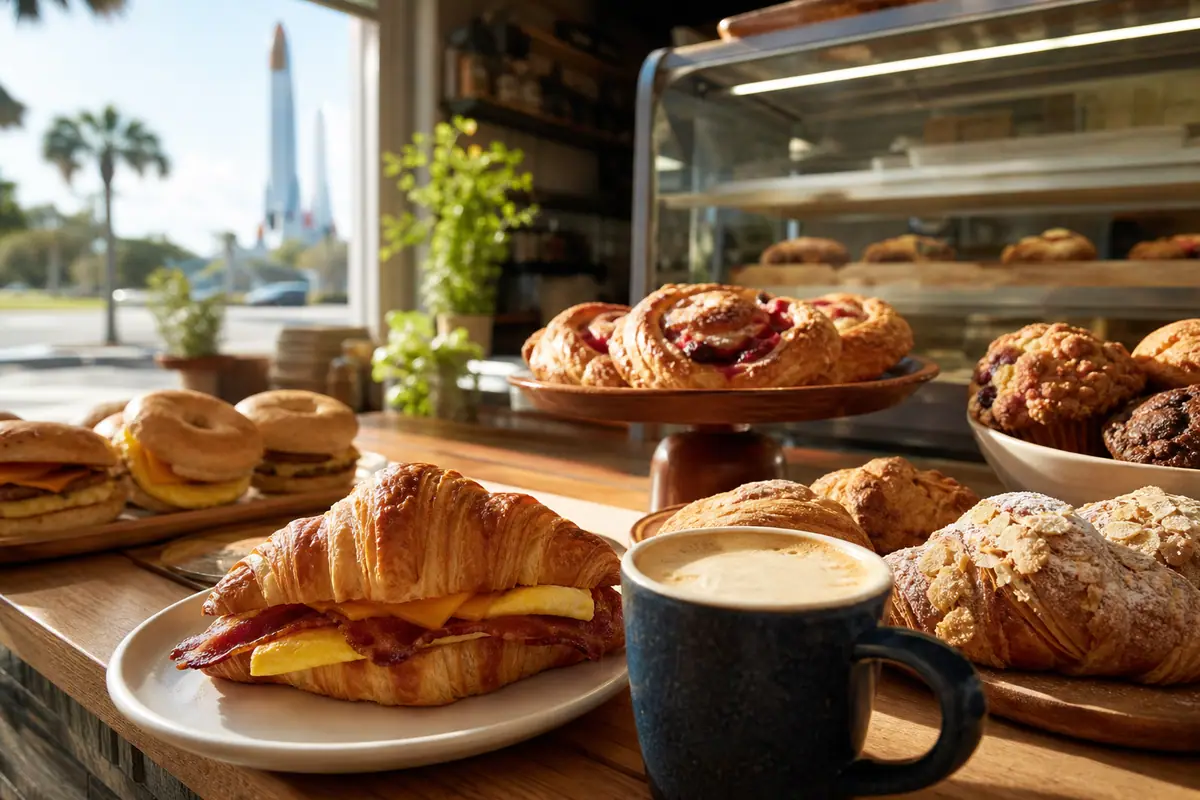 Photoreal pastries, breakfast sandwich, and coffee representing Sunrise Bread Co in Titusville