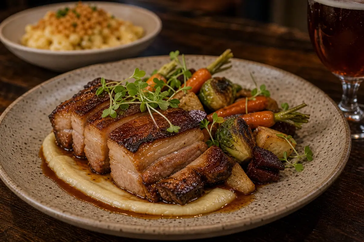 Photoreal gastropub entree representing The Ravenous Pig