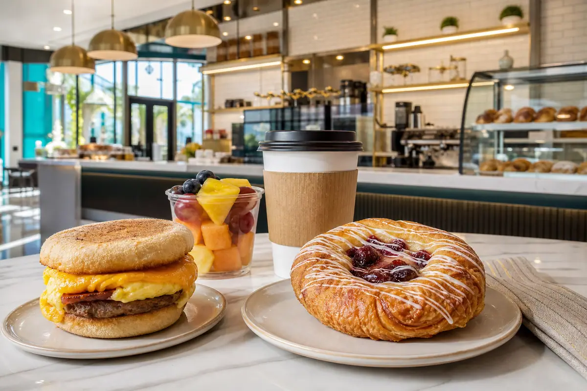 Photoreal breakfast sandwich, pastry, and coffee representing Today Cafe inside Universal Studios Florida
