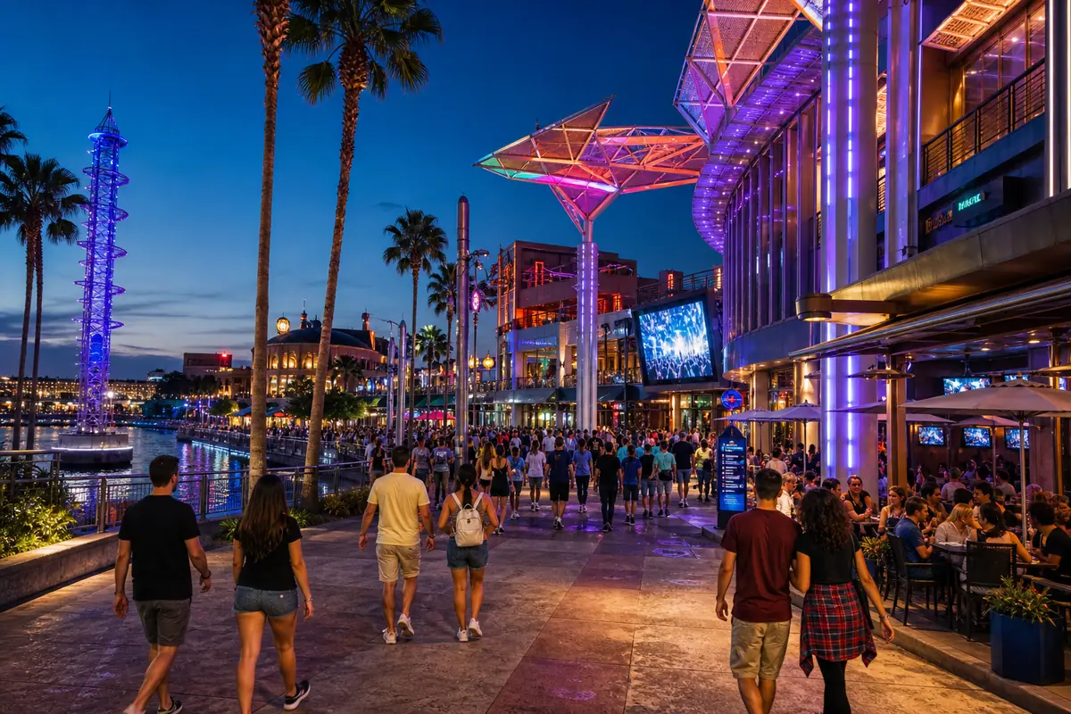 Photoreal Universal CityWalk Orlando promenade at blue hour with neon and palm-lined waterfront