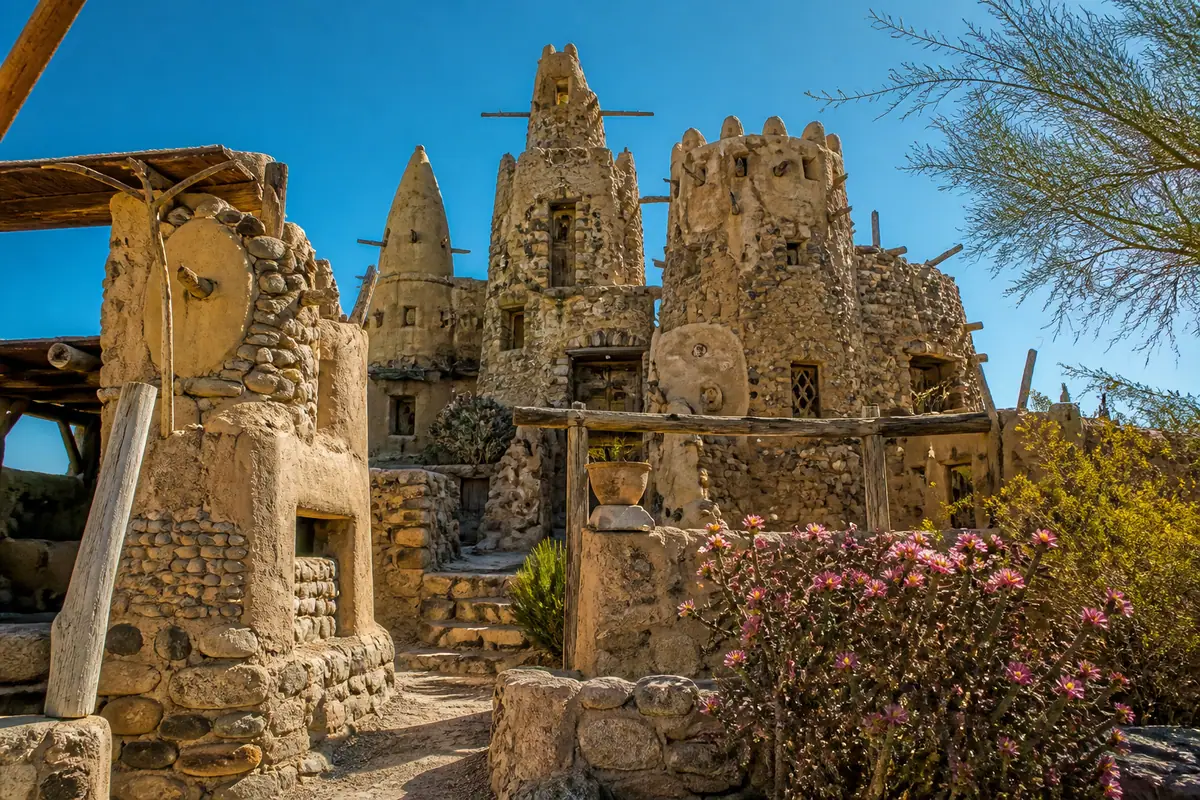 Photoreal adobe-and-stone buildings at Cabot's Pueblo Museum