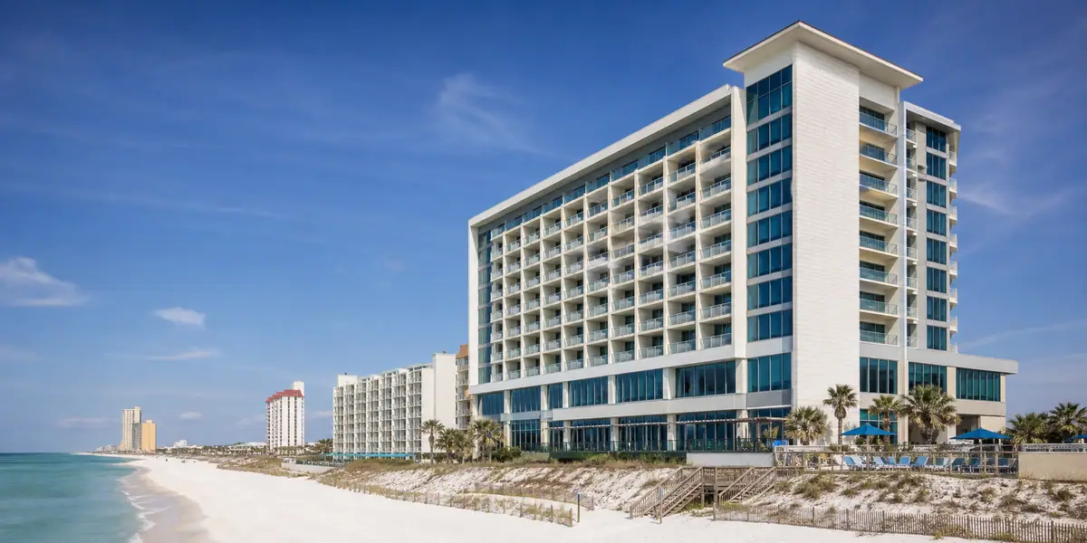 Photoreal beachfront hotel exterior representing Hyatt Place Panama City Beach / Beachfront