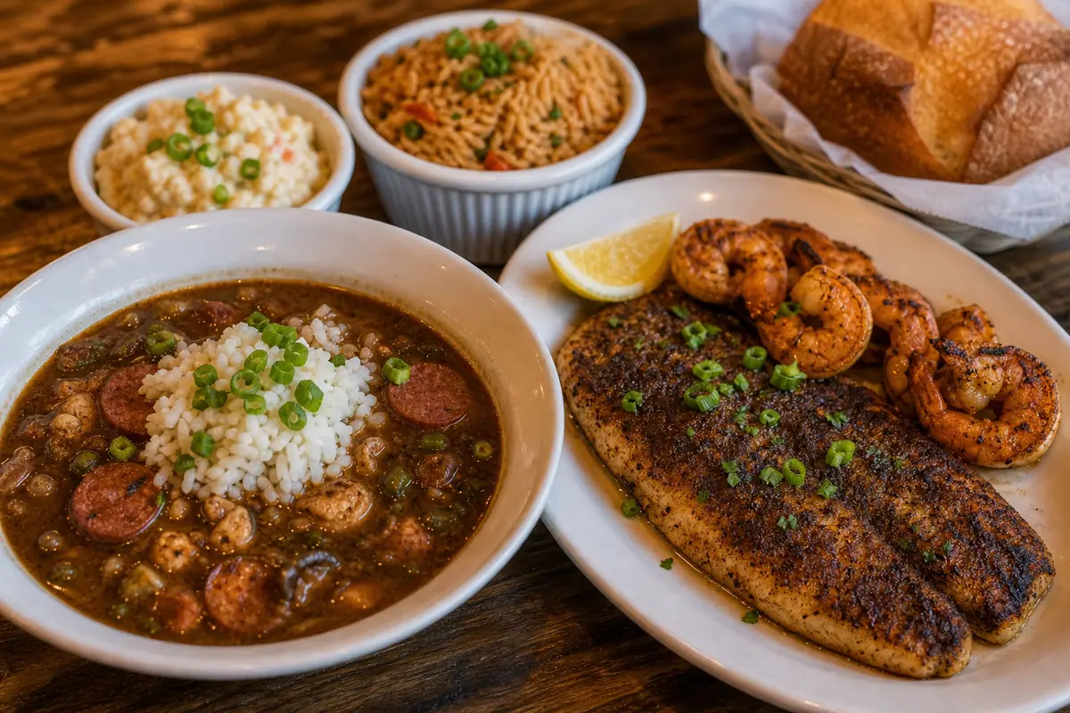 Photoreal Cajun seafood boil and Southern sides representing Dat Cajun Place Cafe