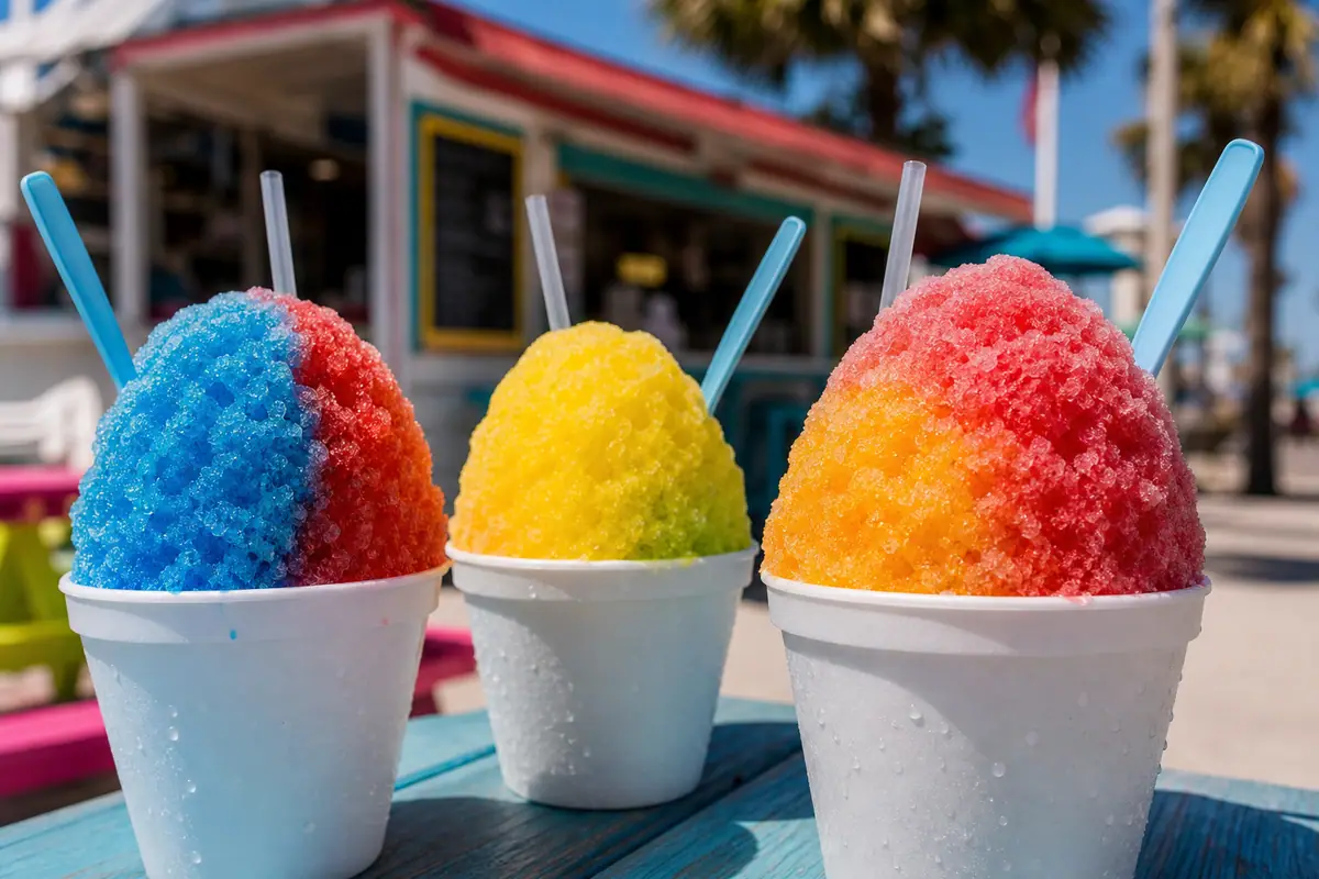 Photoreal colorful shaved ice dessert representing David's Sno-Balls