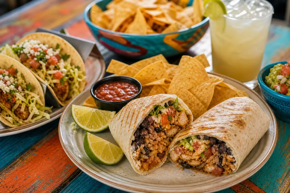 Photoreal burrito and tacos spread representing Diego's Burrito Factory