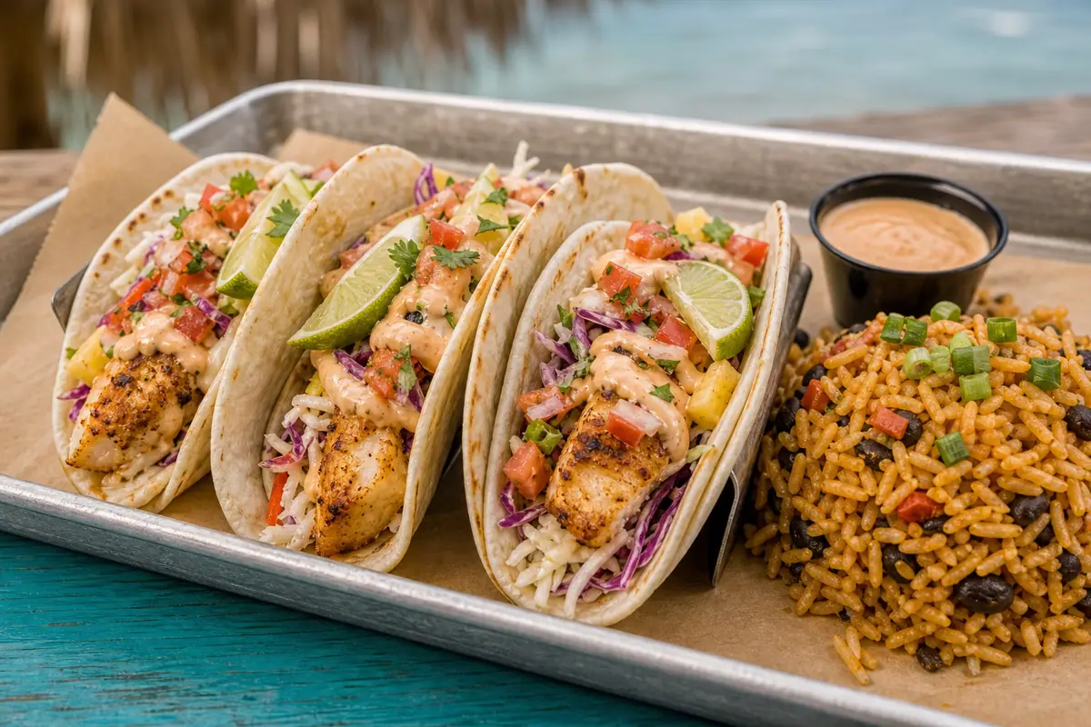 Photoreal fish tacos and island-style lunch spread representing Finns Island Style Grub