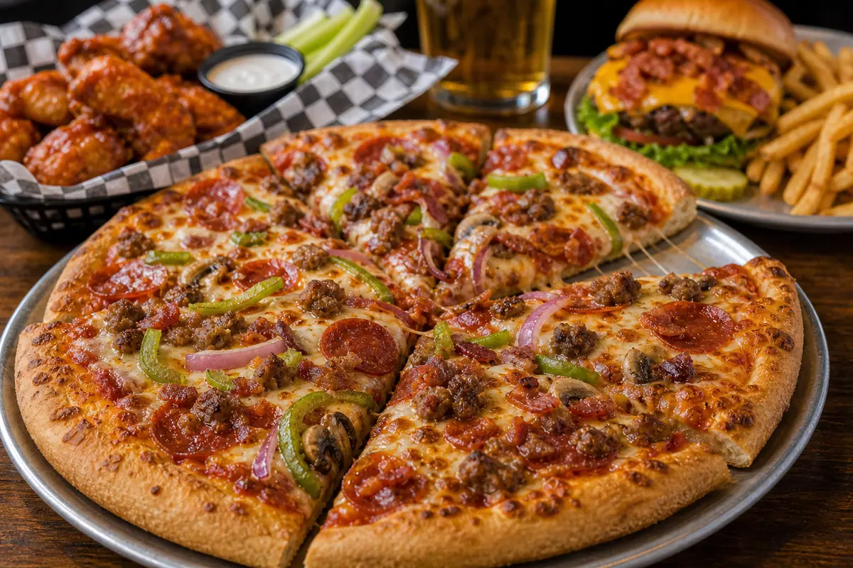 Photoreal casual pizza and pub-food spread representing Patches Pub