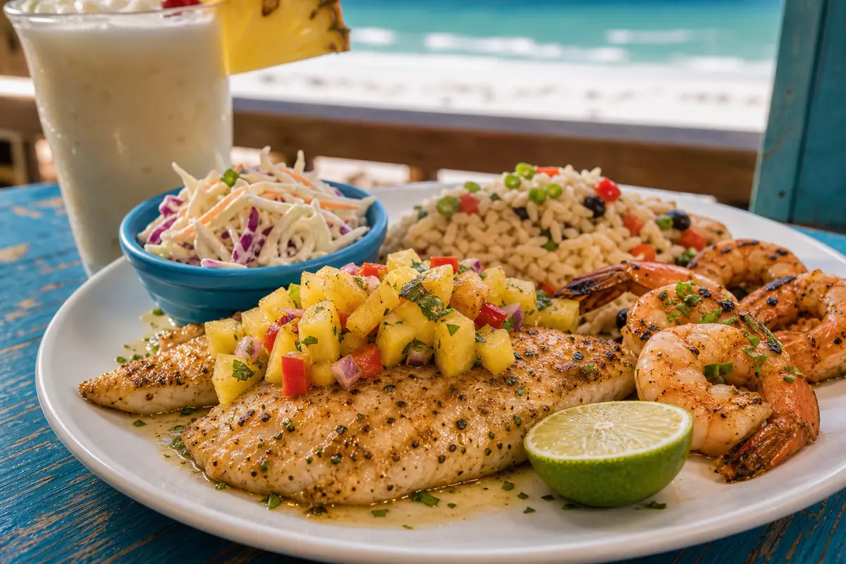 Photoreal coastal seafood and sunset dinner spread representing Runaway Island