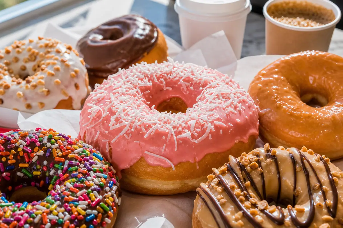 Photoreal fresh donuts and beach-town breakfast spread representing Thomas Donut & Snack Shop